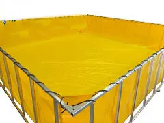 Square yellow-framed water containment tank designed for industrial or firefighting applications, ensuring efficient liquid storage and portability.