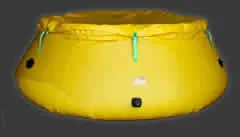 Yellow portable onion water storage tank with drawstring closure and connection points.