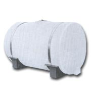 Horizontal white plastic tank with molded legs for stability, ideal for liquid transport or storage.