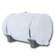 White cylindrical water storage tank with rounded ends and built-in support stands.