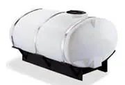 White horizontal water tank with a black cradle for secure storage and transport.