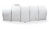 A long, cylindrical white plastic water storage tank, designed for above-ground use.