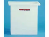 Rectangular white polyethylene storage tank labeled with a company logo, set against a blue background.