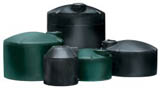 Group of black and green vertical plastic water storage tanks in various sizes.