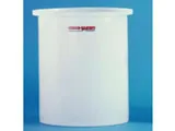 Tall cylindrical white polyethylene storage tank labeled with a company logo, set against a blue background.