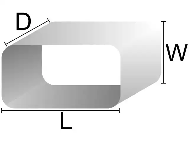 A technical diagram of a hollow rectangular tube labeled with dimensions for width (W), length (L), and depth (D).