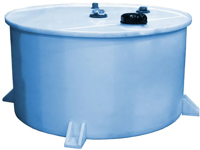 A blue cylindrical tank with a flat top, used for liquid storage, featuring small inlet and outlet valves.