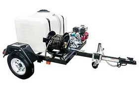 Compact pressure washer trailer with a white tank and hose reel, ideal for mobile cleaning solutions.