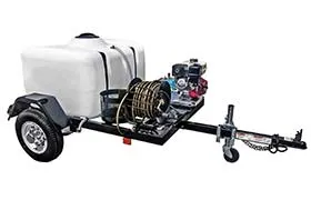 Portable pressure washer trailer featuring a white water tank and durable hose reel for easy transport.