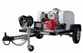  Heavy-duty pressure washer trailer with a white tank, red engine, and high-performance hose reel.