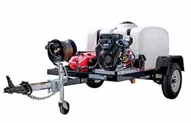 Mobile pressure washer trailer equipped with a white tank and advanced pump system for versatile applications.