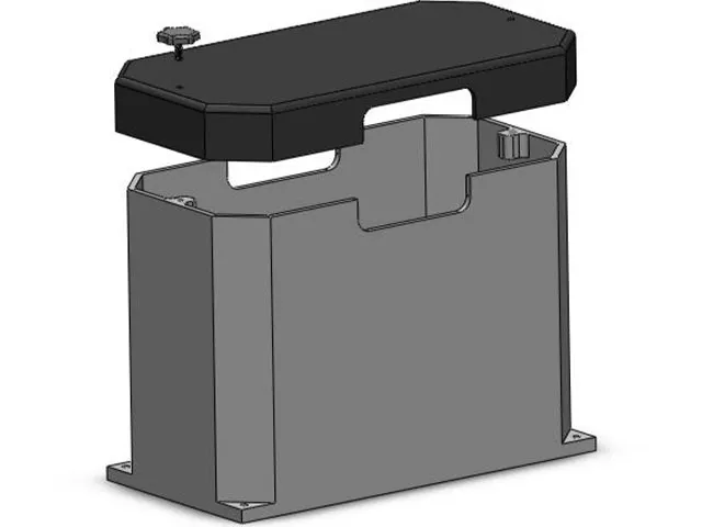 A gray rectangular tank with a removable black lid, designed for battery or fluid storage.