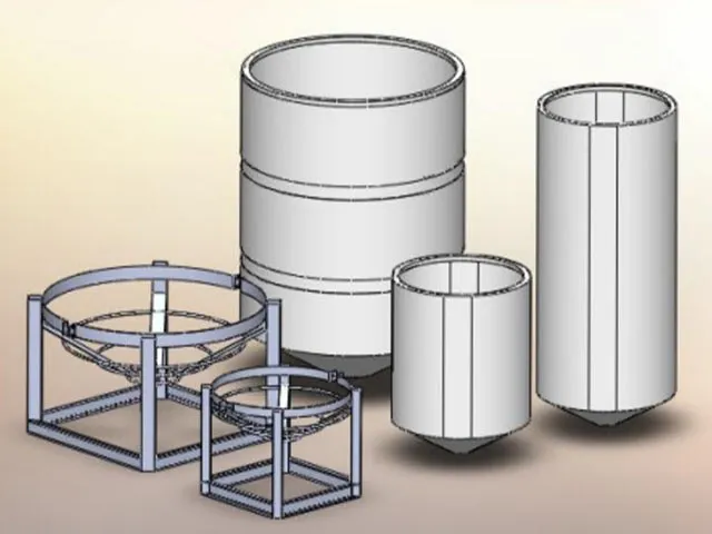 Various sizes of agricultural tanks with conical bottoms and metal stands for support.