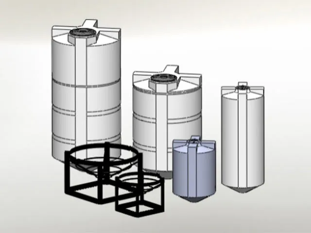 A group of cylindrical tanks in various sizes, with supporting metal frames for stability.