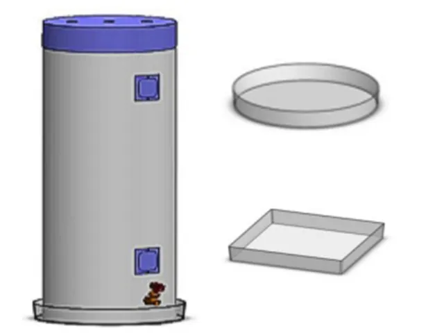 A cylindrical tank with a blue top and two square access ports, shown alongside a round lid and a rectangular base tray, demonstrating its modular components for assembly or use.