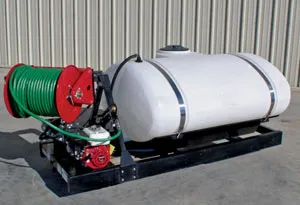 Skid sprayer with a white polyethylene tank, red hose reel, and compact design, ideal for mobile spraying tasks.