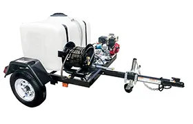 Compact and durable pressure washer trailer with a white tank, designed for mobile cleaning tasks.